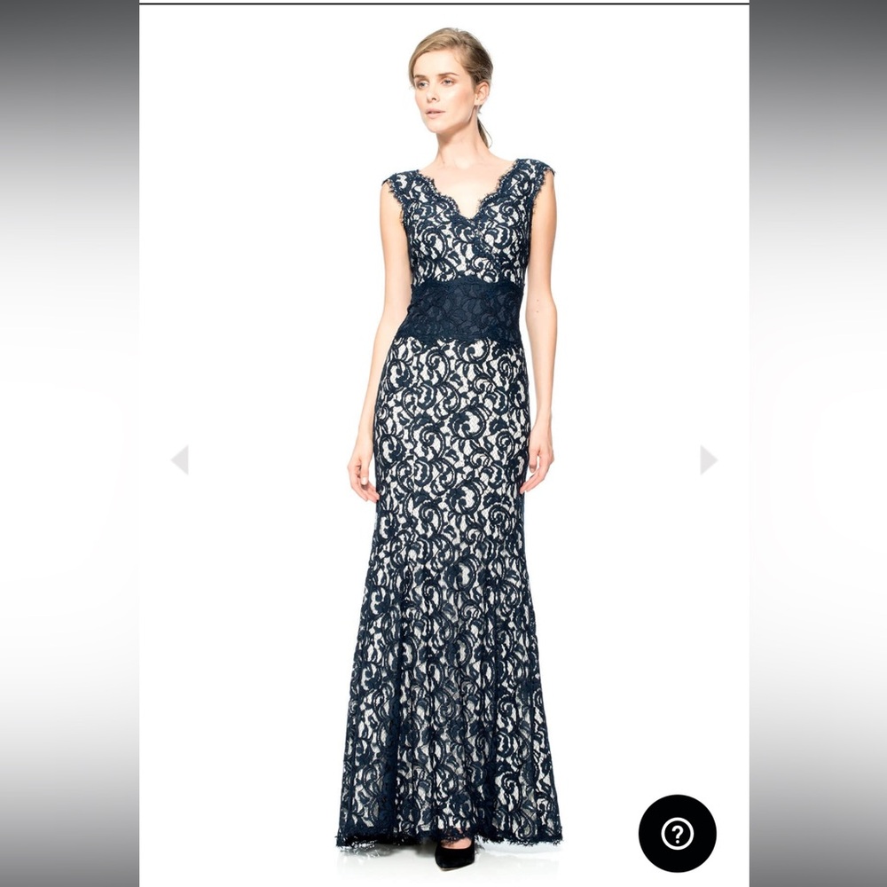 Tadashi Shoji Contrast Lace Waist Gown, Navy / Ivory, Size 8.